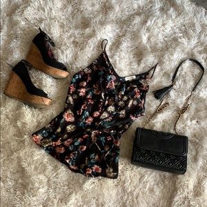 Monteau Black Floral Ruffled Top